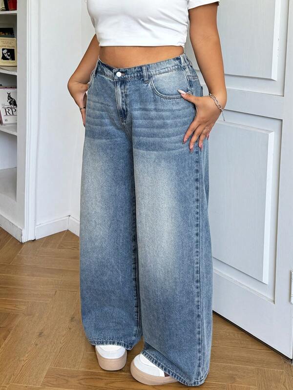 SHEIN MOD Jeans boyfriend ample et sexy bleu à large jambe dans le style de la rue Y2K, idéal pour la rentrée scolaire, jeans casual ample pour femmes en automne