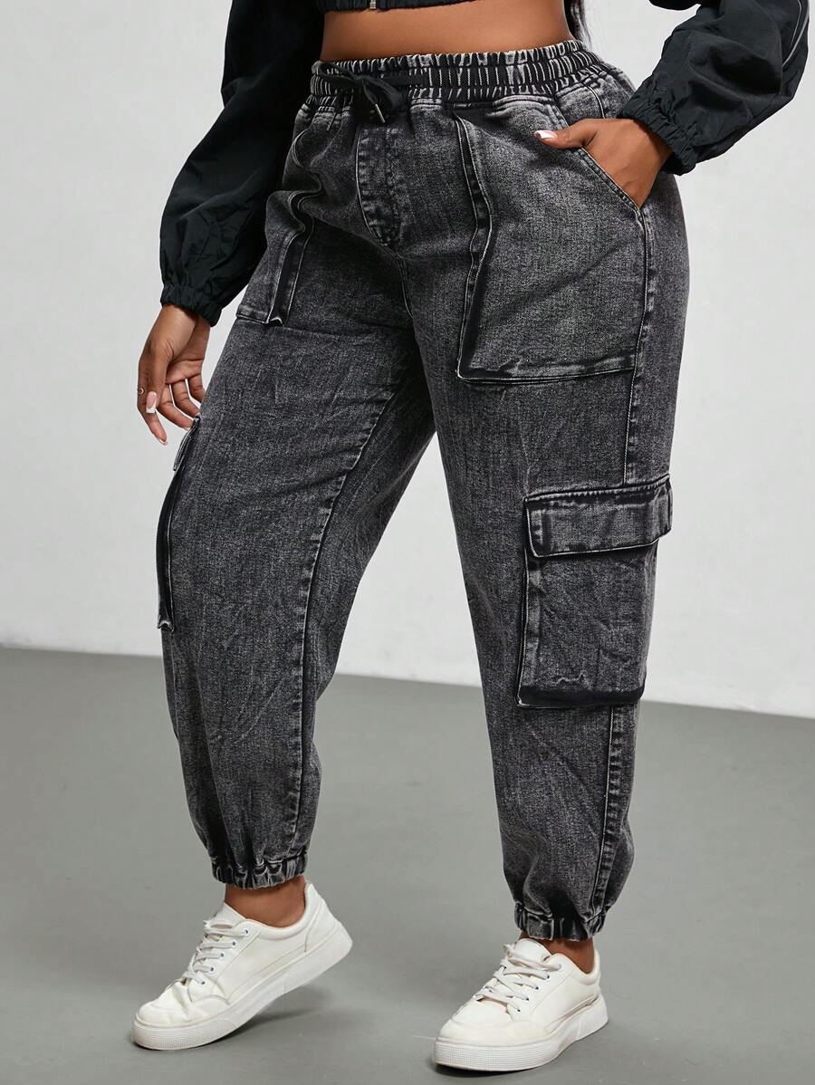 Slaydiva Plus Size Jeansy z kieszeniami z przodu i prostymi, swobodnymi kieszeniami