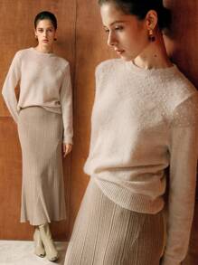 MOTF PREMIUM SOLID POPCORN KNIT YOKE SWEATER - Apricot - View 2