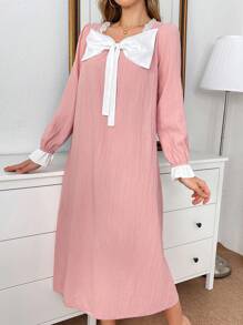 Women Cute 3D Bow Lace Long Sleep Dress, Moo Moo, Cozy And Elegant Details, Fall & Winter