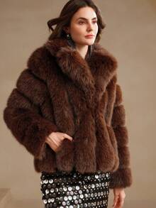 Anewsta 新款秋冬优雅淑女蓬松修边大衣，时尚毛绒毛茸外套 - 咖啡棕 - 查看 3