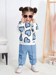 SHEIN Leap Crew Baby Girl Cute Heart Pattern Sweatshirt With Elastic Waist Solid Color Long Pants Set, Autumn/Winter - Blue and White - View 4