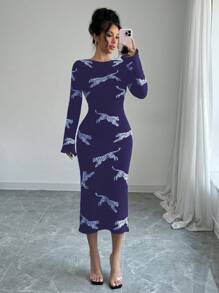 Elenzga Women's Leopard Allover Print Round Neck Long Sleeve Casual Tight-Fitting Dress Fall Cloth For Women - Blue - View 3
