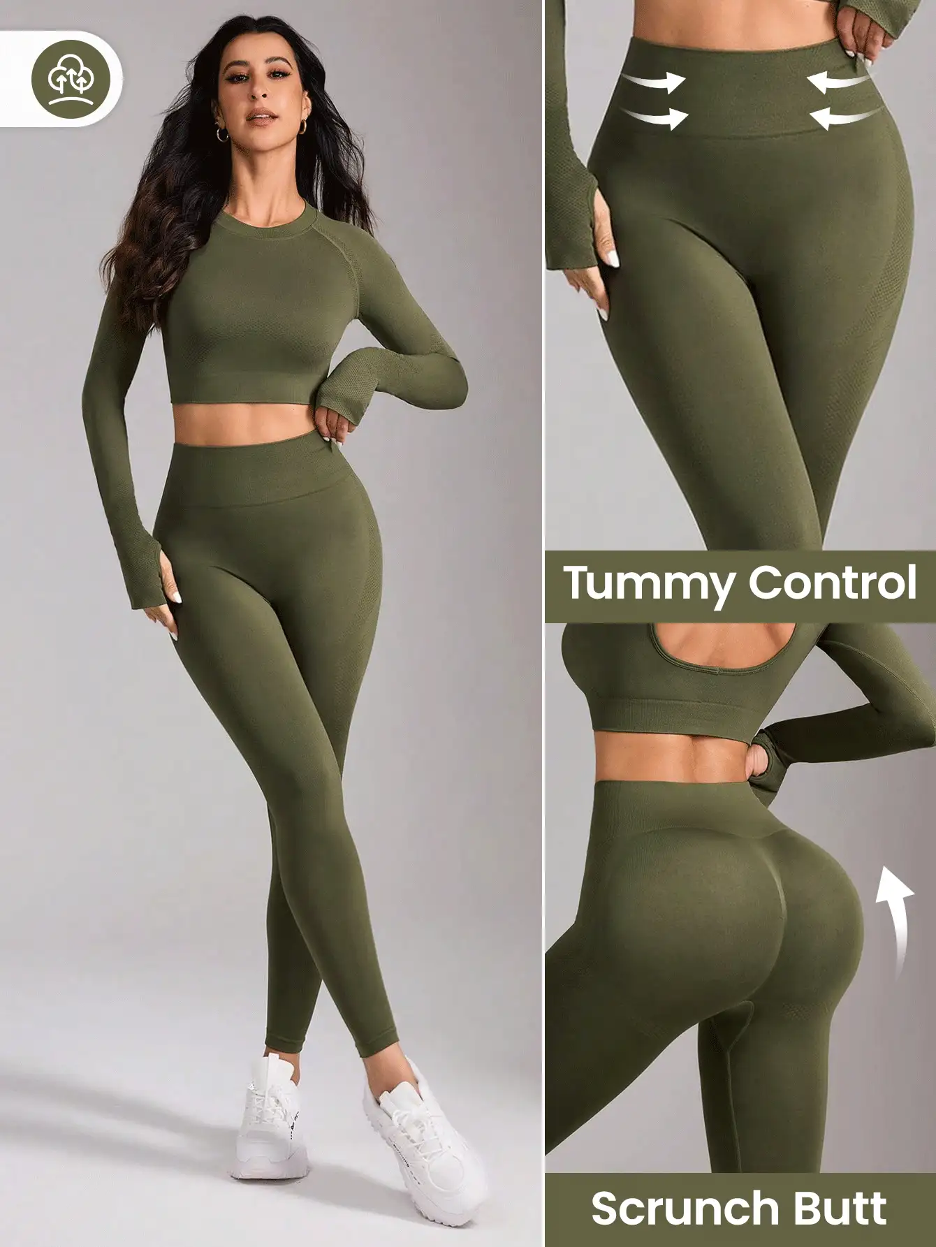 Easithlete Bộ đồ thể thao tập gym nữ thời trang hở lưng co giãn dài tay liền mạch và quần legging - Màu xanh Ô liu - Xem 3