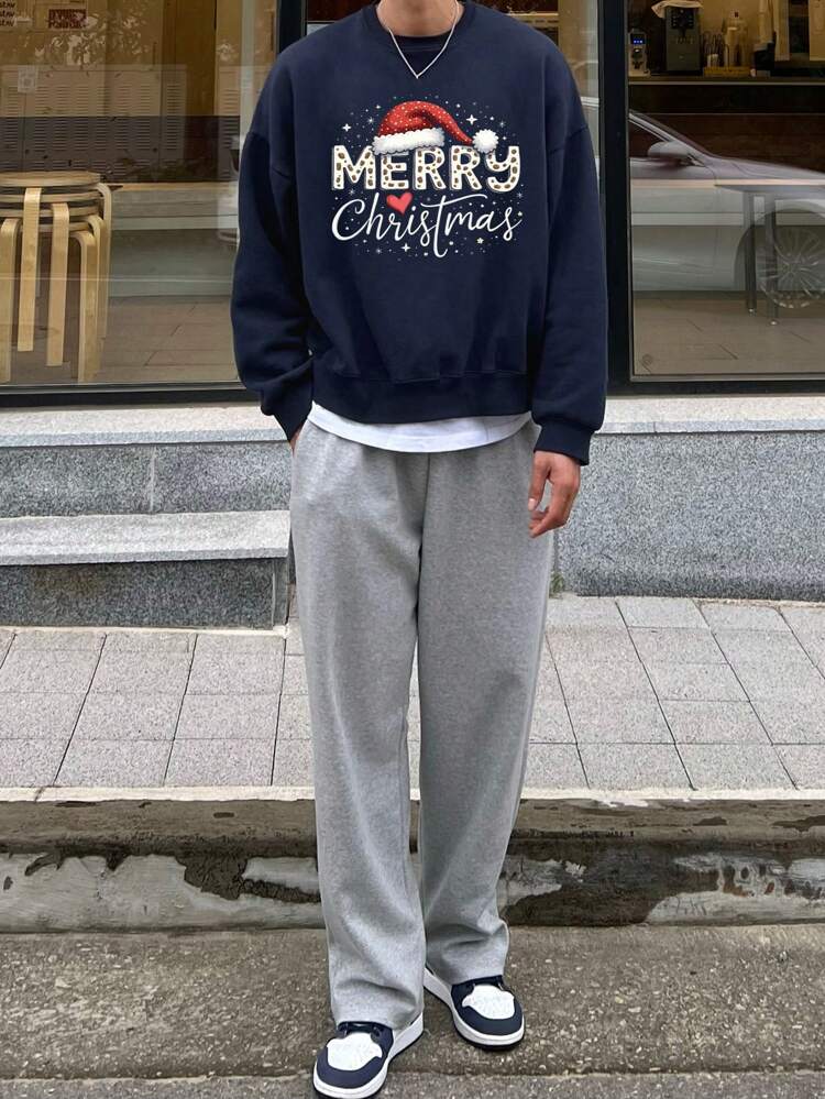 Christmas Slogan Print Casual Crew Neck Long Sleeve Pullover Sweatshirt For Men, Autumn/Winter
