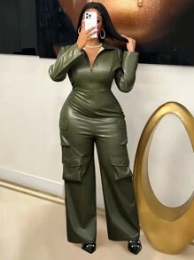 Slaydiva Bộ đồ Lễ Tạ Ơn mới dành cho nữ, quần áo mùa đông gợi cảm, tay dài, có khóa kéo và túi, áo liền quần bằng da. - màu xanh lá - Xem 4