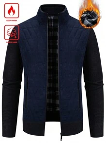 Manfinity Homme 1 chiếc áo khoác len cardigan nam có lớp lót giữ nhiệt - Màu xanh hải quân - Xem 1
