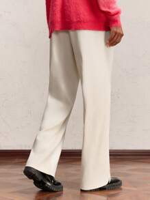 AKNOTIC Business Casual Men's Apricot & White Color Block Patchwork Elastic Waist Drawstring Straight Leg Casual Pants, Suitable For Daily Wear With Letter Metal Accessories, Long Baggy White Slacks Pants, For Work, Husband, Boyfriend Gifts - Apricot - View 7