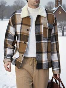 Manfinity VCAY 男士超大格子落肩保暖内衬拉链夹克，适合秋冬季，外出时尚保暖夹克彩色长袖夹克，适合朋友、丈夫、男朋友的礼物 - 彩色 - 查看 3