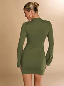 SHEIN BAE Đầm ôm body tay dài cổ cao xếp nếp cho nữ, phù hợp cho mùa thu/đông, mặc thường ngày/đi làm - xanh quân đội - Xem 2