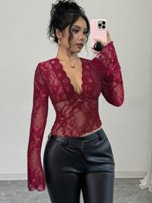 Firerie Women's Black V-Neck Lace Patchwork Flare Sleeve Lace Top - Red - View 2