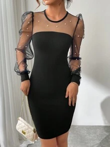 SHEIN Privé Contrast Mesh Lantern Sleeve Bodycon Dress - Black - View 3