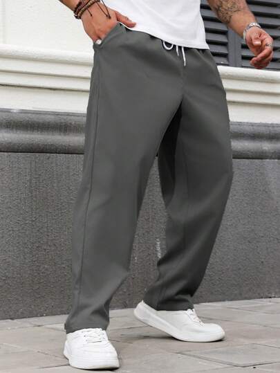 Manfinity Homme Pantaloni casual pentru bărbați, mărime mare, cu talie lejeră și cordon, cu buzunare drepte, mărime mare, pantaloni cu cordon pentru bărbați, toamnă