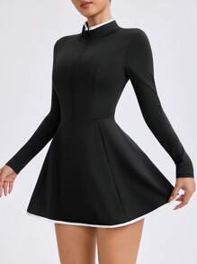 Easithlete Women's Color Block Trim Zipper Front Long Sleeve Casual Sporty Dress Tennis Dressathletic Dress