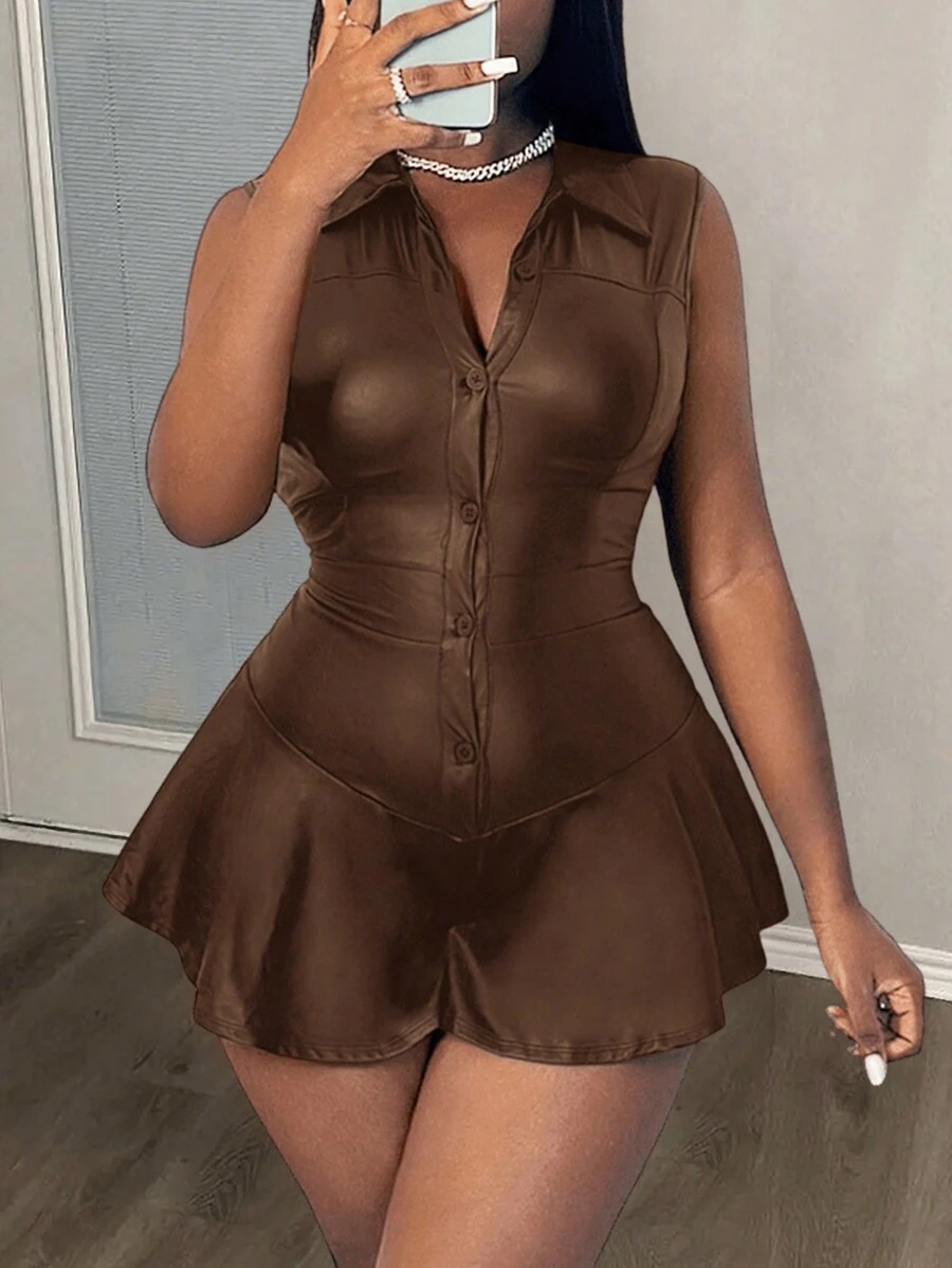 Slaydiva Casual Turn-Down Collar Black PU Cardigan Front Button Sleeveless Ruffle Hem Jumpsuit - Brown - View 1