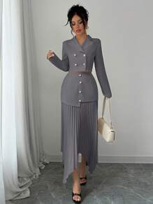 Elenzga 2pcs Women's Elegant Jacket With Lapel, Waist Gathering, Button And Asymmetrical Pleat Detail Fall Cloth For Women - Grey - View 3