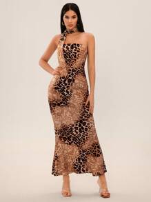 SHEIN SXY Abito leopardato per feste e vacanze, gonna leopardata, abito aderente in pizzo con stampa leopardata, spalle scoperte e orlo a coda di pesce, elegante per appuntamenti, abbigliamento autunnale da donna - Multicolore - Visualizzare 4