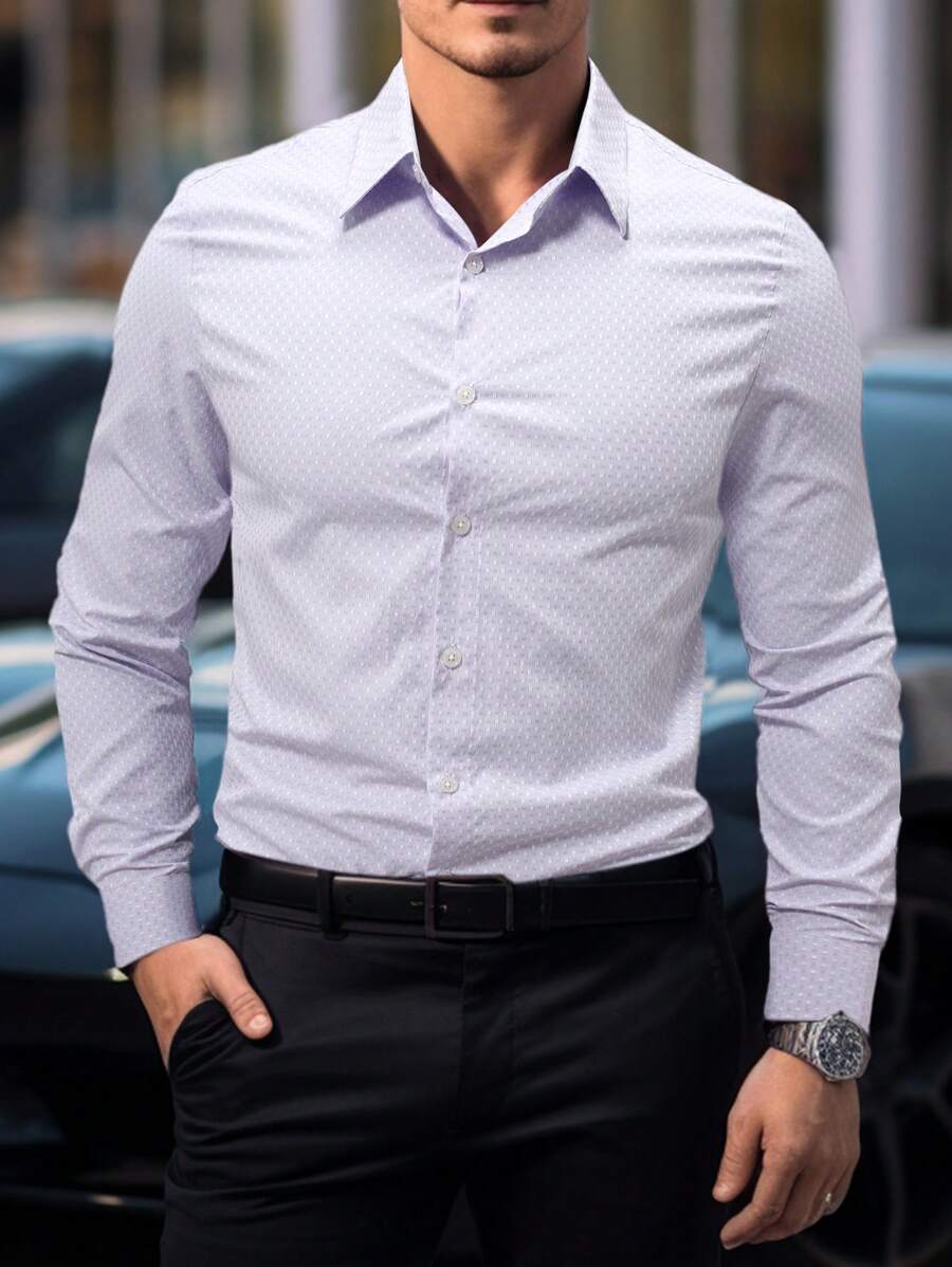 Manfinity Mode Camisa casual de manga larga con botones al frente y cuello para hombre, diseño sencillo para uso diario