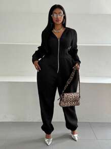 Maweii Plus Size Solid Color Front Zipper Long Sleeve Casual Jumpsuit With Pockets - Black - View 7