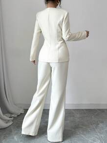 Chiquease 2 件套女士圆领长袖开衩下摆单排扣西装套装