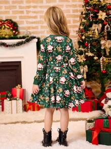 Váy chữ A dài tay ôm dáng cho bé gái, họa tiết người tuyết dễ thương, bông tuyết, ông già Noel, tuần lộc, in bất đối xứng, ấm cúng, thanh lịch, váy chui đầu cổ tròn, phù hợp cho mẹ và con gái - màu xanh lá - Xem 2