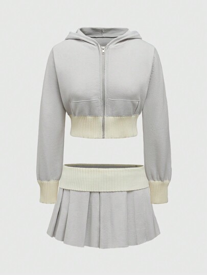 Set de 2 piezas: Sudadera con capucha casual y falda mini plisada de línea A, diseño de bloques de color, para mujer