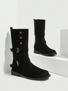 CUCCOO GRLICON 女式中筒靴，Y2K 风格，朋克摇滚，机车风，酷女孩装，适合万圣节、圣诞节和派对 - 黑色 - 查看 6