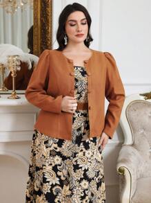 Modelyn Bộ 2 món cho nữ ngoại cỡ: Áo khoác tay bồng một hàng khuy trơn màu và váy họa tiết hoa Paisley, trang phục thu thanh lịch - Nhiều màu - Xem 4