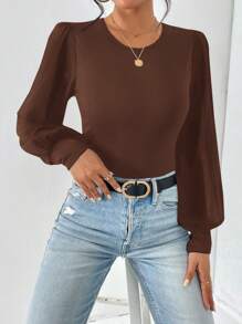 SHEIN Essnce Women Solid Color Round Neck Long Sleeve Casual Bodysuit, Slim Fit - Coffee Brown - View 6