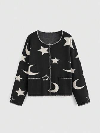 Grunge Punk Cárdigan informal vintage hippie con estampado de luna y estrellas para mujer