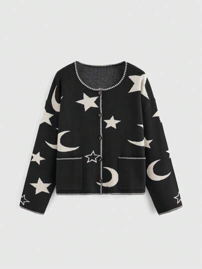 Grunge Punk كارديجان كاجوال للنساء بطباعة نجوم وهلال من طراز الهيبي الرجعي