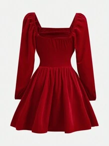 Tween Girls Fitted Casual Camisole Waist Minimalist Solid Red Velvet Long Sleeve Dress