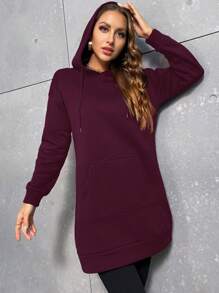 SHEIN LUNE 女式纯色落肩长袖口袋抽绳连帽运动衫，秋季