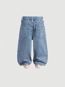 SHEIN 女婴可爱宽松直筒牛仔裤带蝴蝶结装饰，蓝色，女童秋冬装，羊毛加厚牛仔裤