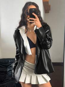 SHEIN ICON Y2K 女款纯色简约长袖 PU 皮夹克，休闲日常穿搭袖带装饰，前卫实用外出上衣皮夹克 - 黑色 - 查看 1