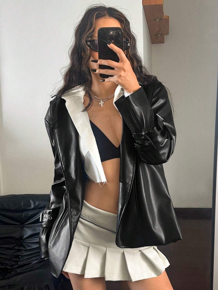 SHEIN ICON Y2K 女款纯色简约长袖 PU 皮夹克,休闲日常穿搭袖带装饰,前卫实用外出上衣皮夹克 - 黑色 - 查看 1