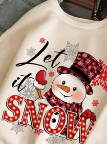 SHEIN Christmas Fun Snowman "Let's It Snow" Tween Girl Casual Loose Fit Thick Crew Neck Long Sleeve Sweatshirt, Suitable For Autumn/Winter - Beige - View 4