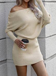 SHEIN Clasi Batwing Sleeve Ribbed Knit Sweater Dress - Apricot - View 1