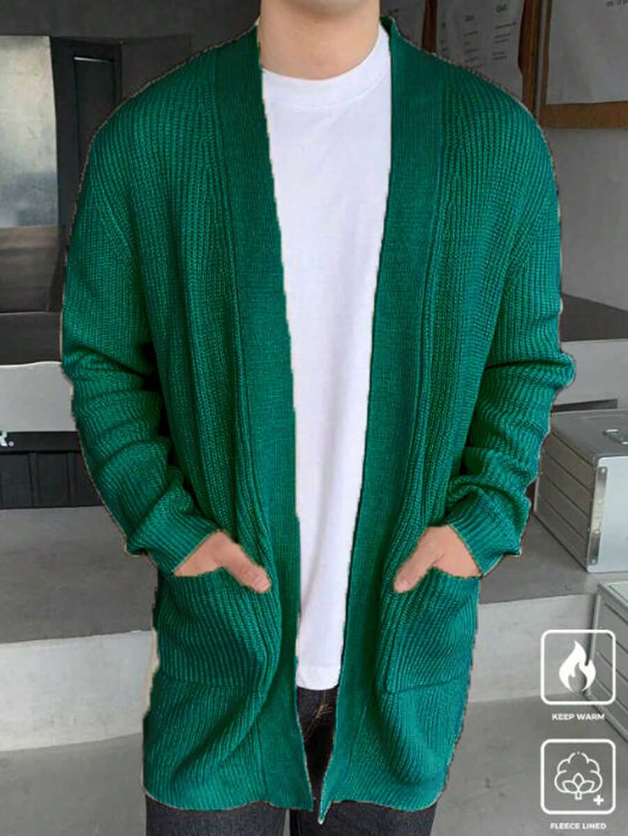 Manfinity Homme 男士休闲长袖开衫，带口袋，简约日常穿着 - 墨綠色 - 查看 1