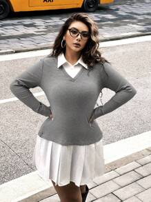 Flirla Plus Size Women Minimalist Knit Mixed Fabric Gray Pleated Dress, Versatile College Style - Grey - View 5