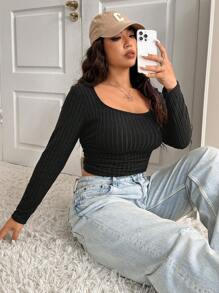 Solflare 大码秋冬罗纹腰褶黑色 T 恤