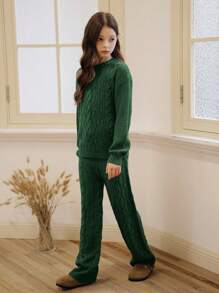 SHEIN Vintaside Kids Set de modă pentru fete 2 buc, pulover din tricot cu cablu slim-fit + pantaloni lungi cu draperie