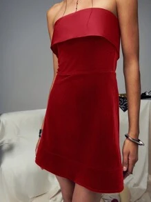 TypaGal Velourskontrastsatin Falten-Bandeau-A-Linien-Minikleid für Urlaubsparty, elegantes Cocktail-Halb-Formelles Ballkleid für Geburtstag, Hochzeitsgast, Abschluss, Dinner, Heimkehr, Silvester für Neujahrs-Urlaubsparty, Partykleidung für Neujahr, Valentinstag-Outfit für Frauen - Rot - Übersicht 7