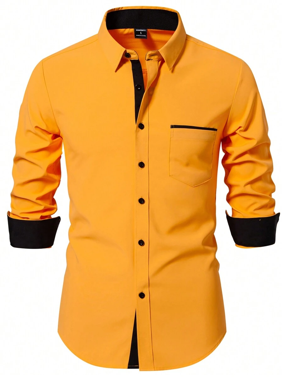 Manfinity Mode Áo sơ mi nam tay dài cài nút phía trước màu trơn đơn giản, thiết kế đơn giản để mặc hàng ngày - Màu vàng - Xem 1