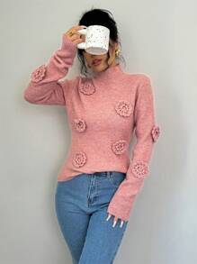 Chiquease pull tricoté à col montant avec ornements floraux pour femmes, automne-hiver - Rose bonbon - Voir 5