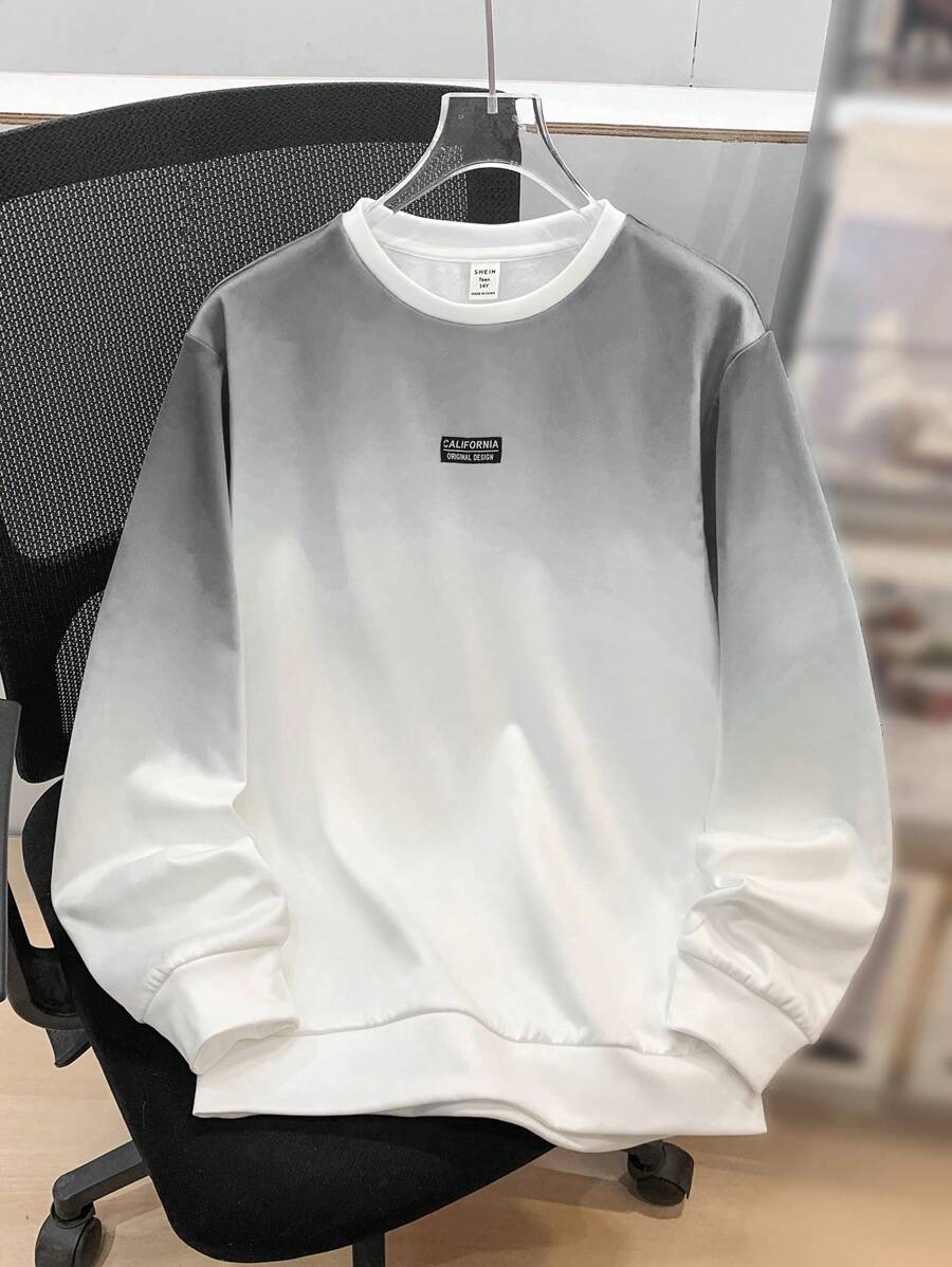 SHEIN 青少年男孩休闲黑色加州印花渐变蓝白圆领套头运动衫，适合青少年男孩，适合秋季、冬季、保暖、学校、家居、日常穿着、运动、生日派对、百搭、简约、保暖内衬 - 灰色 - 查看 1