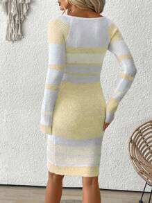 SHEIN LUNE 女士条纹立领插肩长袖优雅毛衣裙，秋冬 - 黃色 - 查看 2