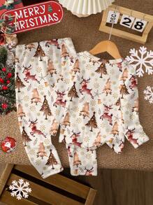 SHEIN Bộ đồ ngủ dài tay dày dặn, thoải mái, ấm áp, họa tiết hươu dễ thương cho bé gái, thích hợp cho mùa thu/đông - Nhiều màu - Xem 2