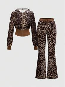 ROMWE J-Fashion 2pcs Y2K Gyaru Velvet Leopard Print Rhinestone Decor Sweatshirt & Pants Women Set, Autumn/Winter - Brown - View 2