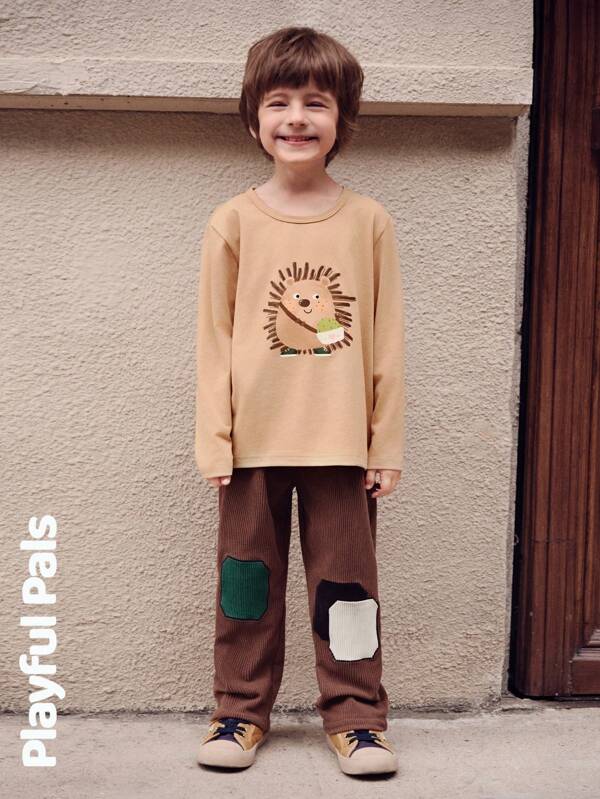 SHEIN Seturi 2 bucăți pentru băieți, tricou și pantaloni distracție cu imprimeu arici, drăguț/retro/ocazional/acasă/în aer liber, iarnă/toamnă